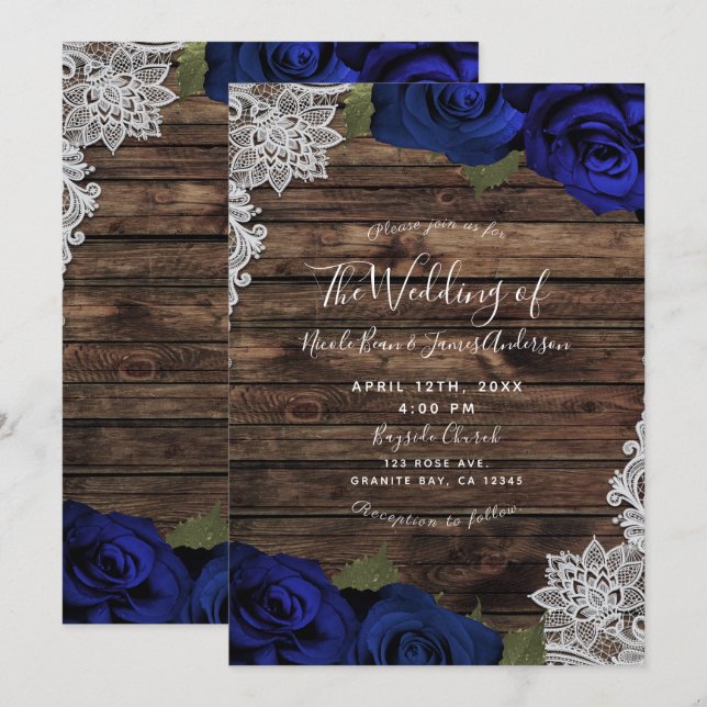 Invitación Azul Marino Rosas Florales Encaje De Madera Rústic (Anverso / Reverso)