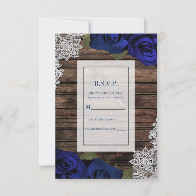 Invitación Azul Marino Rosas Florales Encaje De Madera Rústic (Anverso)