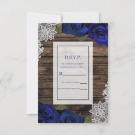 Invitación Azul Marino Rosas Florales Encaje De Madera Rústic