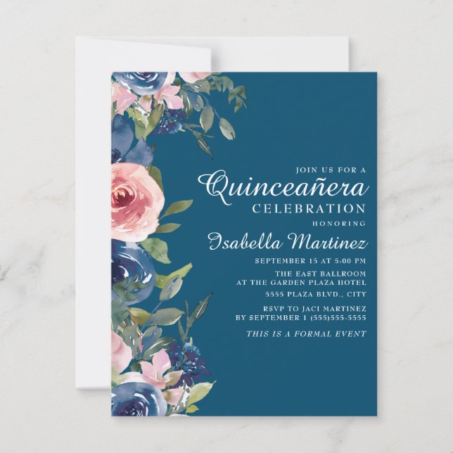 Invitación Azul marino Rubor Floral Green deja Quinceañera (Anverso)