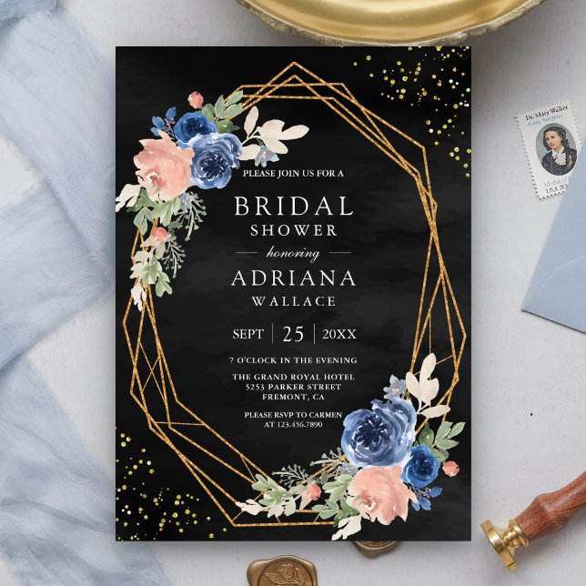 Invitación Azul marino Rubor Roses rosados Oscuro Gris Bridal (Subido por el creador)