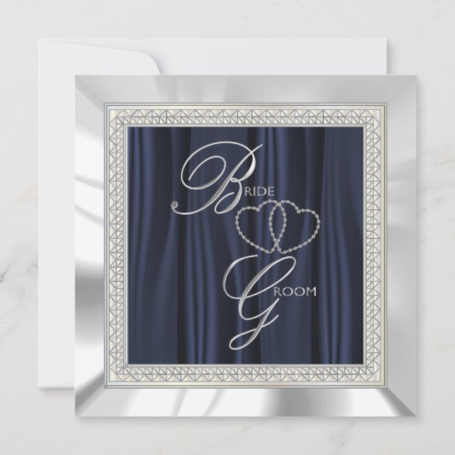 Invitación Azul marino, satén blanco y Boda plateado (Reverso)
