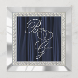 Invitación Azul marino, satén blanco y Boda plateado