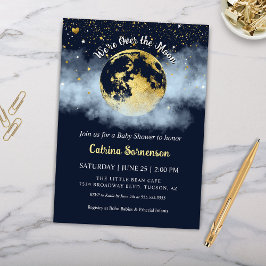Invitación Azul marino sobre el Baby Shower de oro celeste lu