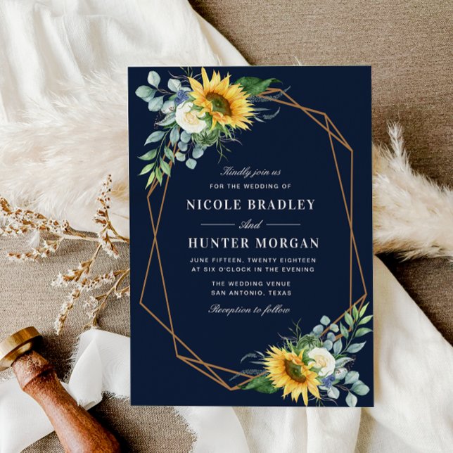 Invitación azul marino Sunflower boda de peonía blanca (Subido por el creador)