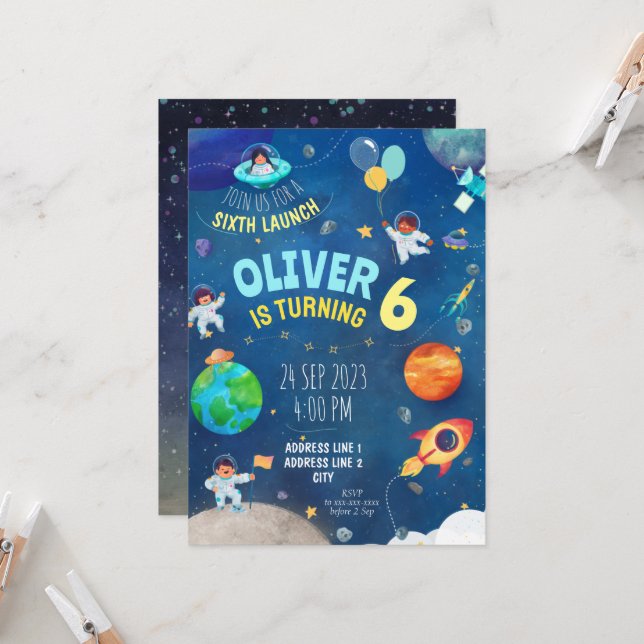 Invitación Azul marino, tema del espacio (Anverso/Reverso In Situ)