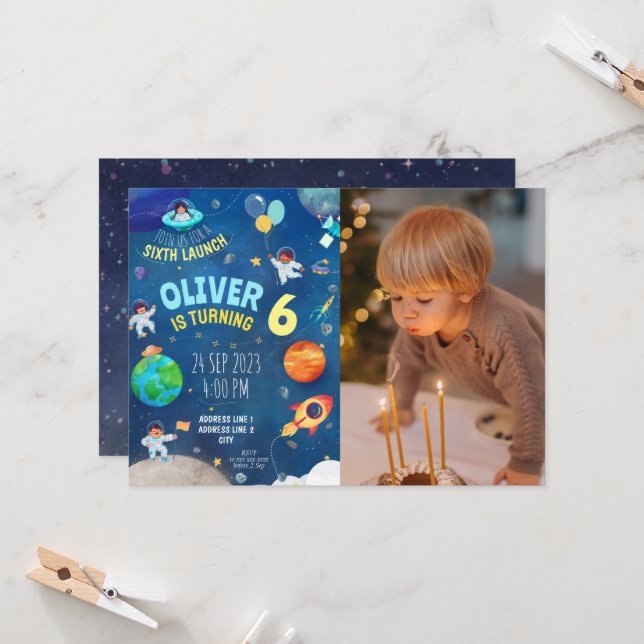 Invitación Azul marino, tema espacial, cumpleaños (Anverso/Reverso In Situ)