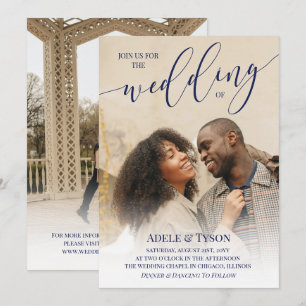 Invitación Azul marino únete a Boda de foto de doble cara