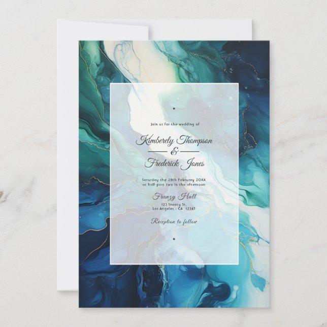 Invitación Azul marino, verde esmeralda y Boda de tinta plate (Anverso)