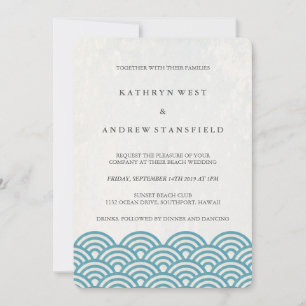 Invitación Azul marino Verde Seigaiha Waves Elegante Boda