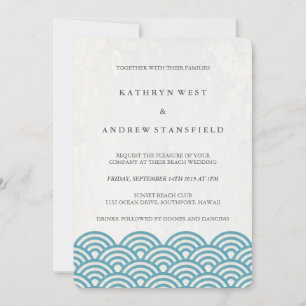 Invitación Azul marino Verde Seigaiha Waves Elegante Boda