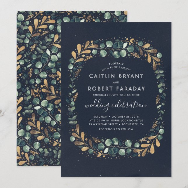 Invitación Azul marino Verde Verde azulado y oro | Boda de ve (Anverso / Reverso)