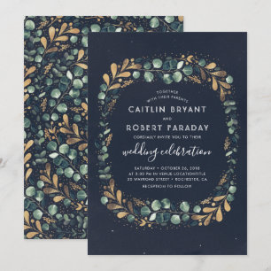 Invitación Azul marino Verde Verde azulado y oro   Boda de ve