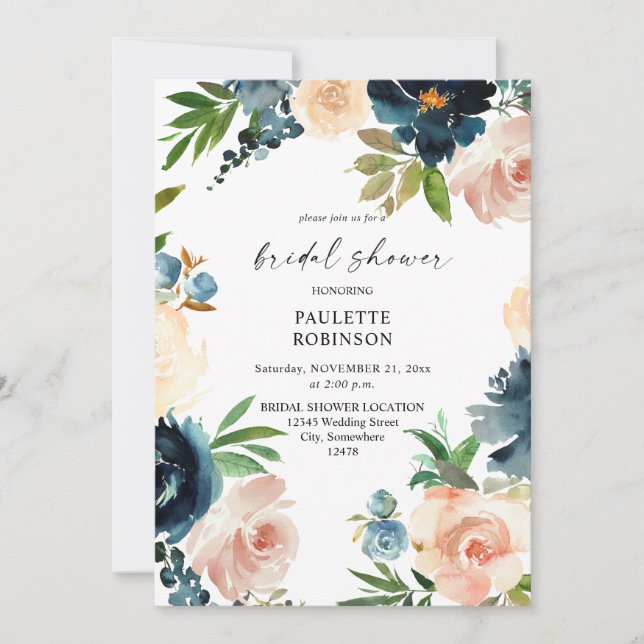 Invitación Azul marino y agitado, ducha de novia floral rosa (Anverso)