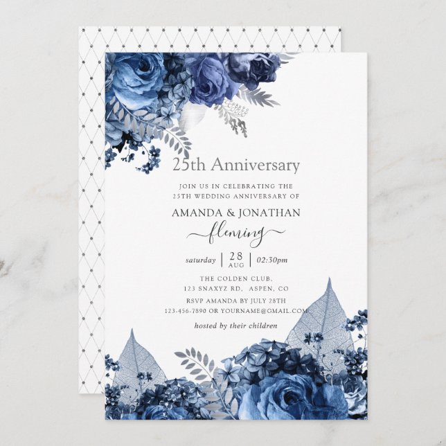 Invitación Azul marino y blanco con aniversario número 25 de  (Anverso / Reverso)