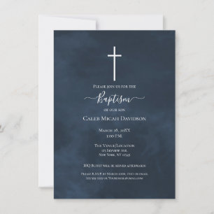 Invitación Azul Marino y Blanco Cruz Moderno Bautizo  