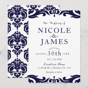Invitación Azul Marino y Blanco Damasco Chic Elegante Boda