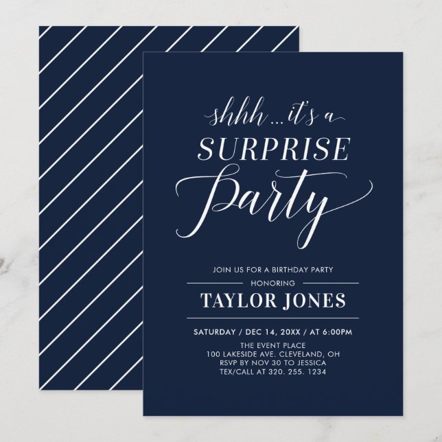 Invitación Azul Marino y Blanco | Fiesta de Cumpleaños Sorpre (Anverso / Reverso)