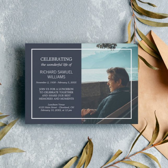 Invitación Azul marino y blanco mínimo celebrando la vida | F (Subido por el creador)