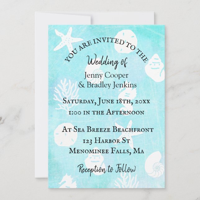Invitación Azul marino y Boda Verde azulado de las conchas ma (Anverso)