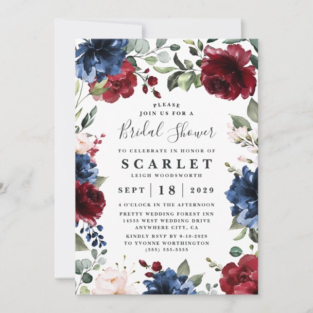 Invitación Azul marino y borgoña ducha de novia rosa Rubor (Anverso)