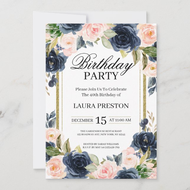 Invitación Azul marino y cumpleaños floral rosa Rubor (Anverso)