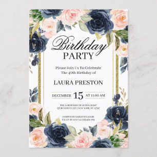 Invitación Azul marino y cumpleaños floral rosa Rubor