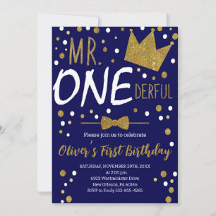 Invitación Azul Marino y Dorado, Cumpleaños Sr. Onederful, Lu