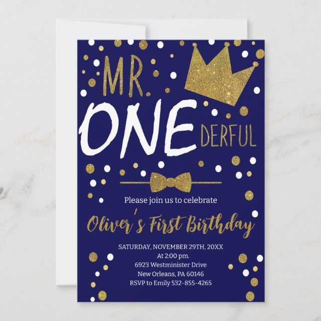 Invitación Azul Marino y Dorado, Cumpleaños Sr. Onederful, Lu (Anverso)