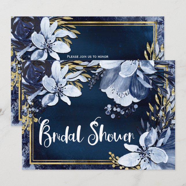 Invitación Azul Marino y Dorado Elegante Floral Acuarela Mode (Anverso / Reverso)