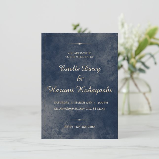Invitación Azul marino y dorado elegante, fondo acuático (Anverso de pie)