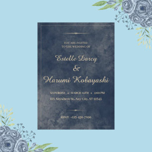 Invitación Azul Marino y Dorado Elegante, Fondo de Acuarela