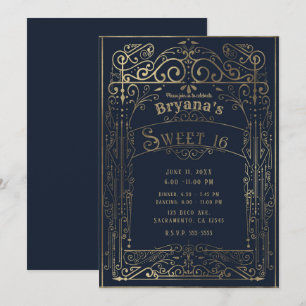 Invitación Azul Marino y Dorado Estilo Antiguo Victoriano Dec