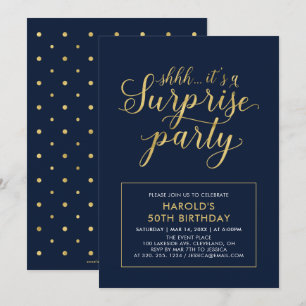 Invitación Azul Marino y Dorado   Fiesta de Cumpleaños Sorpre
