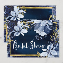 Invitación Azul Marino y Dorado Floral Acuarela Moderna Elega