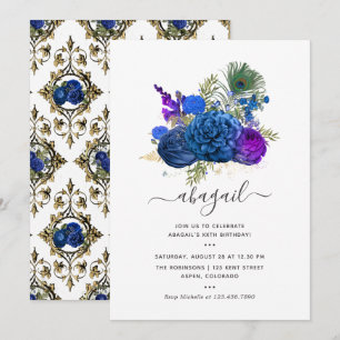 Invitación Azul Marino y Dorado Peacock Floral Cumpleaños Vin