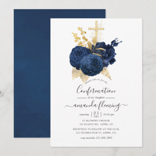 Invitación Azul Marino y Dorado Rosa Vintage Confirmación
