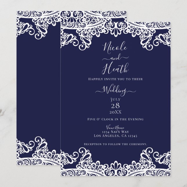 Invitación Azul Marino y Encaje Blanco Elegante Boda (Anverso / Reverso)