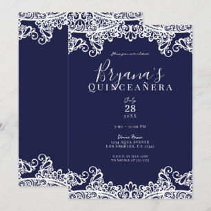 Invitación Azul Marino y Encaje Blanco Elegante Quinceañera
