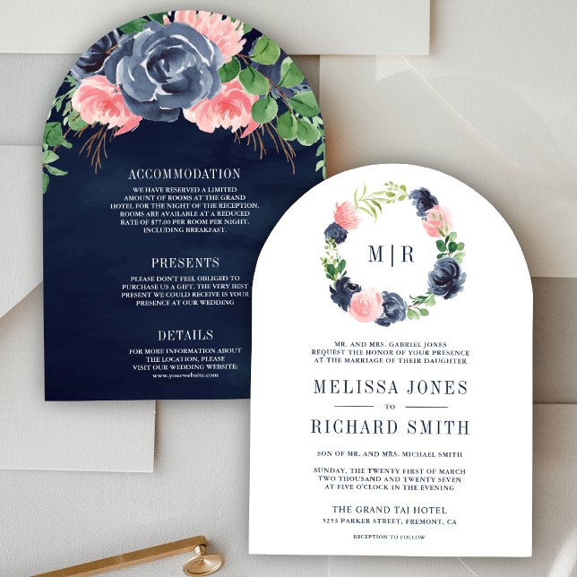 Invitación Azul marino y floral rosa Rubor todo en un Boda (Subido por el creador)