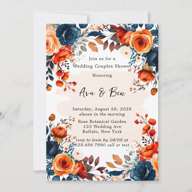 Invitación Azul marino y Naranja Boda Peony Ducha Pareja (Anverso)