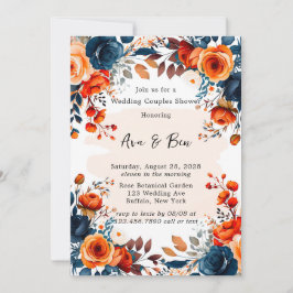 Invitación Azul marino y Naranja Boda Peony Ducha Pareja