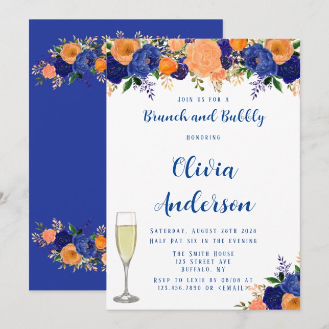 Invitación Azul marino y Naranja Florals Brunch y Bubbly (Anverso / Reverso)