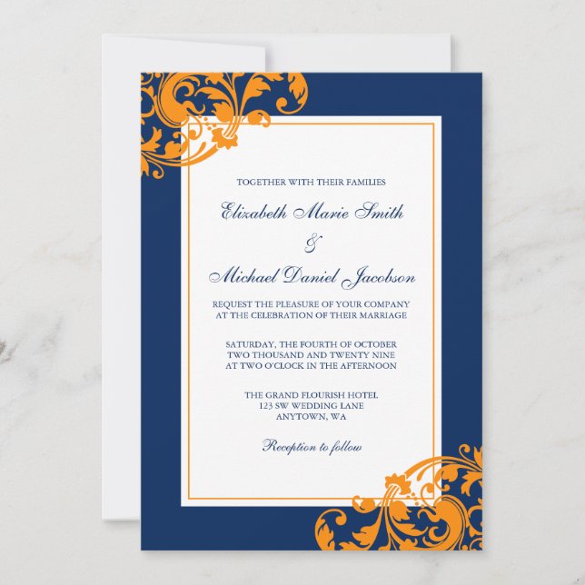 Invitación Azul marino y Naranja Florecen Boda de Swirls (Anverso)