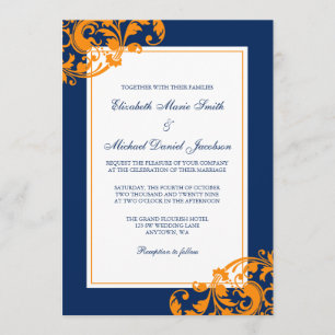 Invitación Azul marino y Naranja Florecen Swirls Boda