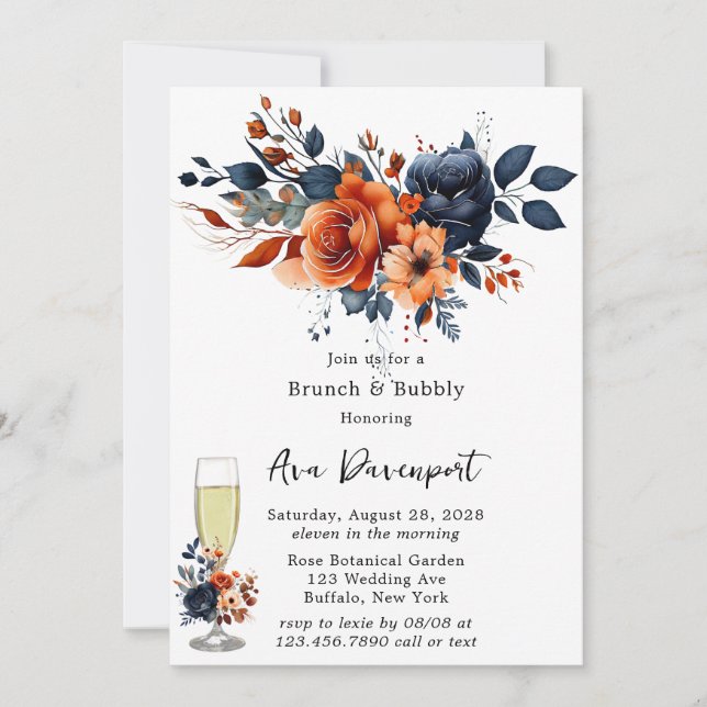 Invitación Azul marino y Naranja Peony Brunch & Bubbly (Anverso)
