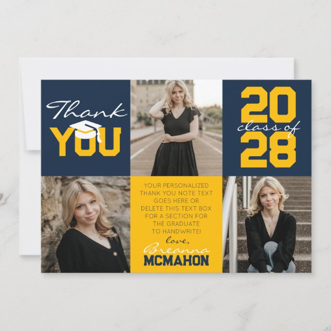 Invitación Azul marino y oro 3 Graduación de fotos Gracias (Anverso)