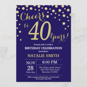 Invitación Azul marino y oro 40.º Diamante de cumpleaños
