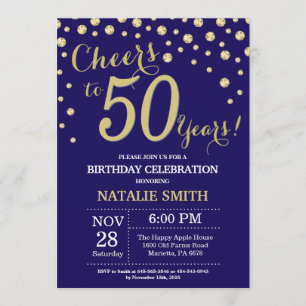 Invitación Azul marino y oro 50.º Diamante de cumpleaños