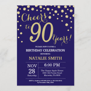Invitación Azul marino y oro 90 aniversario Diamante